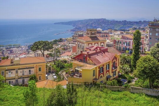 Old villas overlooking the sea on the hillside of Vomero, Naples, Gulf of Naples, Campania, Italy