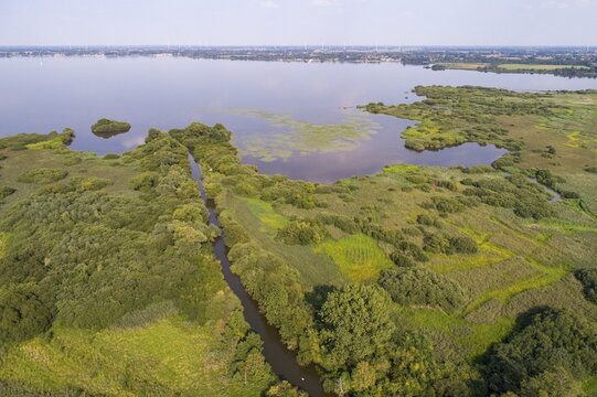 Aerial view of Lake D&uuml;mmer, nature reserve, reeds, shore, influence of the Hunte, river, Ochsenmoor, H&uuml;de, Lower Saxony, Germany