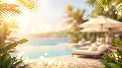 Obraz premium Luxury Tropical Resort Poolside with Palm Trees and Ocean View at Sunset
