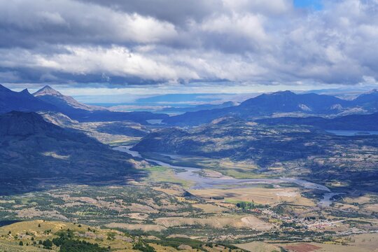 River valley of the Rio Ibanez, Lago General Carrera in the background, view from Cerro Castillo National Park, Aysen, Patagonia, Chile