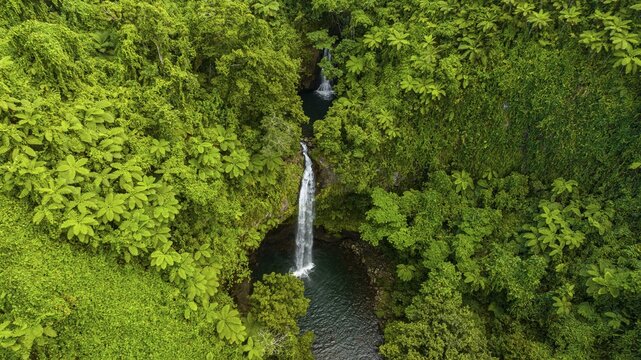 Aerial of the Tavoro Falls, Bouma National Park, Taveuni, Fiji, South Pacific