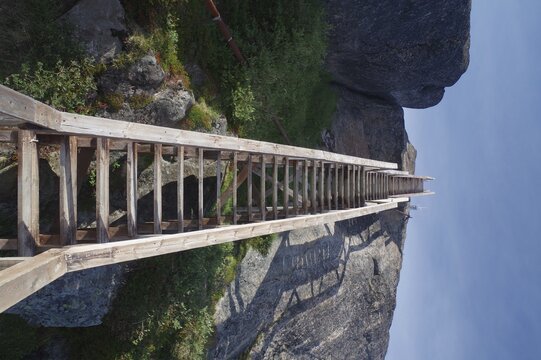 Long wooden staircase, rocky landscape, Maniitsoq, Artkis, Greenland, Denmark