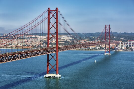 Bridge of 25 April, view of the river Tagus and the city of Lisbon, Almada, Portugal