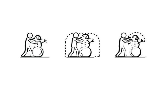 Illustrated sequence of snowman building steps by two people.