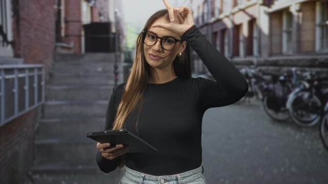 Woman holds tablet and makes l sign on forehead on a narrow city street in front of bicycles and brick building; playful teasing.