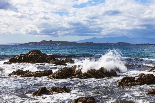 Stormy sea on the rocky coast of Isola Maddalena, Parco Nazionale dell'Arcipelago de la Maddalena, Gallura, Sardinia, Italy