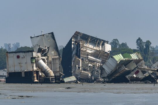 Close up of a huge container ship ready to getting break up, Chittagong Ship Breaking Yard, Chittagong, Bangladesh