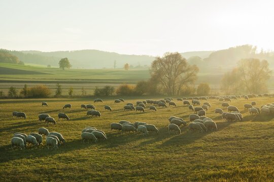 A herd of sheep, domestic sheep, grazing, Rh&ouml;n Biosphere Reserve, Thuringia, Germany