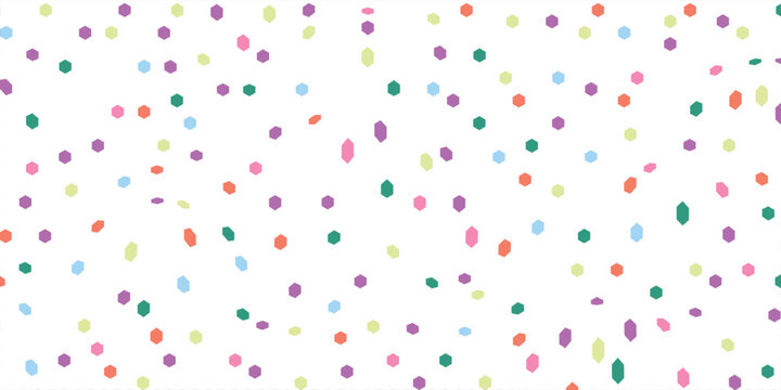 Real-life textured paper hexagonal confetti, multi-colored (pink, teal, green, purple, blue) randomly scattered over a clean, bright white background. High-quality flat-lay photograph.