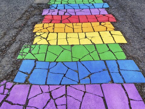 Colourful painted stone slabs, pavement, footpath in the colours of the rainbow, Sey&eth;isfj&ouml;r&eth;ur, Seydisfj&ouml;rdur, East Iceland, Iceland