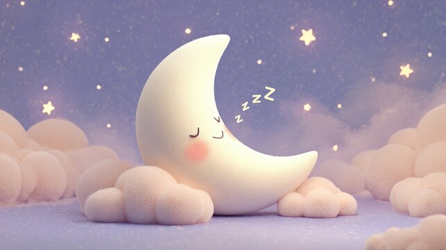 Cute sleeping crescent moon with zzz in a serene starry night lullaby scene