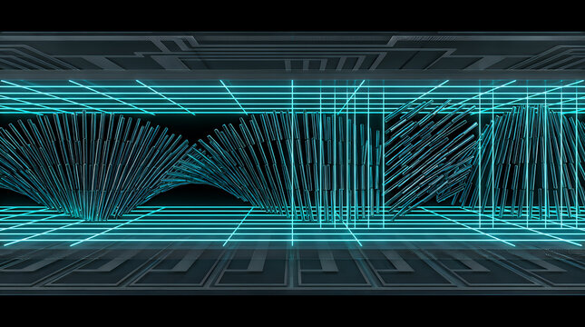Digital grid structure features vertical light beams oscillating in a wave pattern between two parallel circuit boards to represent quantum data transmission and high speed information processing.