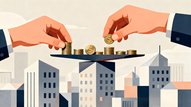 Corporate Investors Balancing Gold Coins on Scale Atop Skyscraper, Vector Illustration of Real Estate Investment, Financial Wealth Management and Capital Allocation, 4k