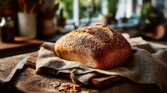 Golden crust multigrain bread resting on a textured table with crumb