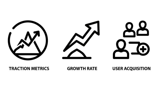 Business growth metrics and user acquisition icons with traction acquisition business analytics development strategy marketing customers performance investment analysis corporate diagrams