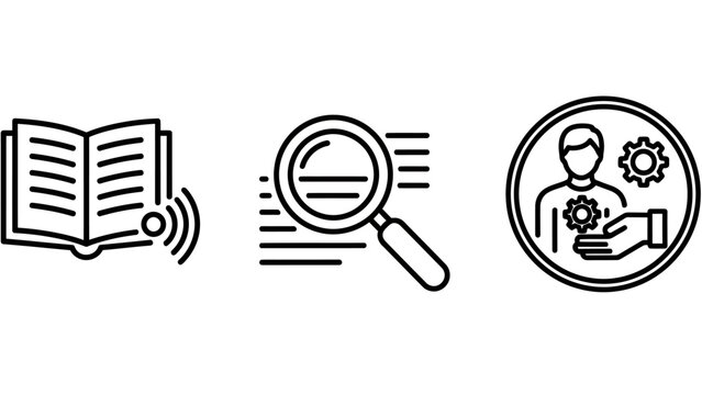 Information research and analysis icons set with research analysis magnifying knowledge education learning information investigation management business discovery technical intelligence
