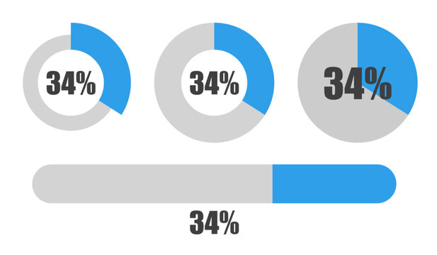 34％の円グラフとプログレスバーセット パーセンテージ表示アイコン素材34 Percent Chart and Progress Bar Set Circle Graph and UI Elements
