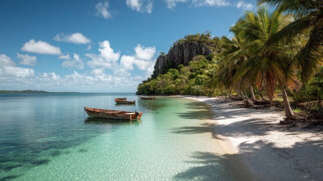 Calm Indian Ocean coastline on Mayotte with white sand, mangroves and traditional boats