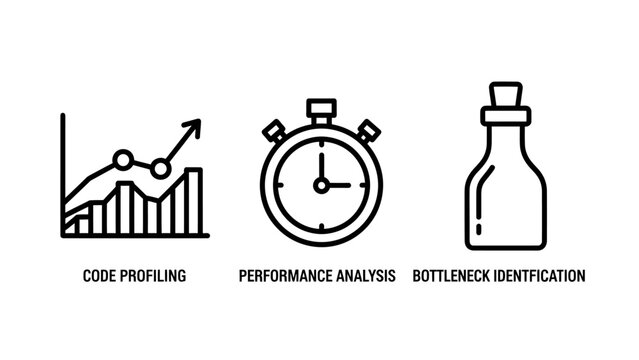 Code profiling performance analysis and bottleneck identification icons profiling performance analysis bottleneck identification software development debugging stopwatch technology