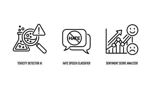 Vector icon set illustrating data monitoring including toxicity detection hate speech classification sentiment analysis with toxicity sentiment analysis monitoring detection classification