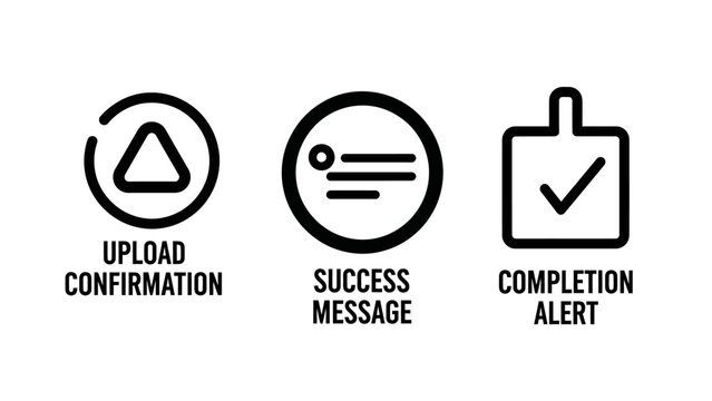 Collection of digital interface icons for upload confirmation success message completion alert with confirmation completion interface notification application software feedback graphics