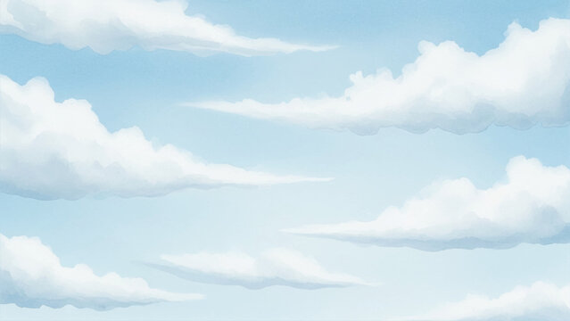 Fluffy white cumulus clouds floating in a clear light blue sky, digital painting of a bright daytime atmosphere with soft cloud formations and airy texture