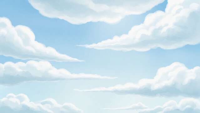 Painted blue sky background, with soft, fluffy, white cumulus clouds, digital of a, clear daytime atmosphere, with layered cloud formations