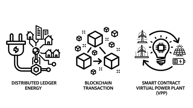 Energy technology icon set representing distributed ledger energy blockchain transactions and virtual power plants with blockchain contract technology distributed electricity renewable resource