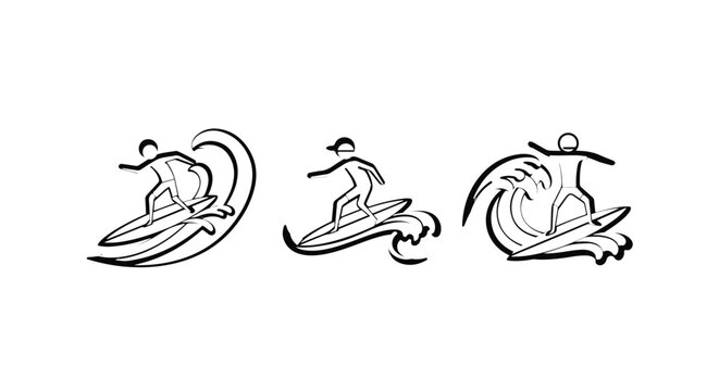 Three artistic illustrations of surfers riding waves gracefully.