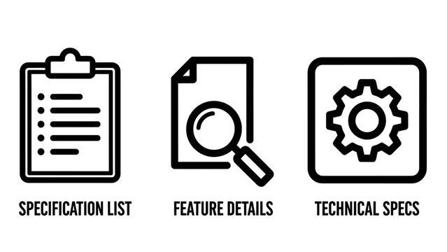 Technical documentation specification and feature icons with specification document technical clipboard magnifying cogwheel documentation analysis information verification industrial