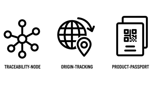 Traceability and product origin tracking technology icons with traceability tracking passport logistics identification information verification authentication blockchain shipping document