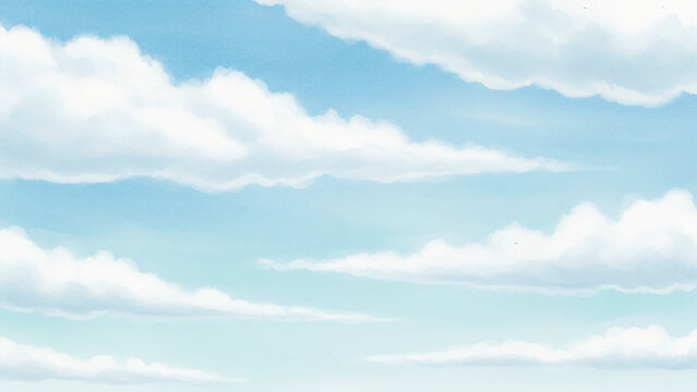 Painted sky with soft white cumulus clouds drifting across a light blue background, horizontal layered cloud formations in a stylized digital style