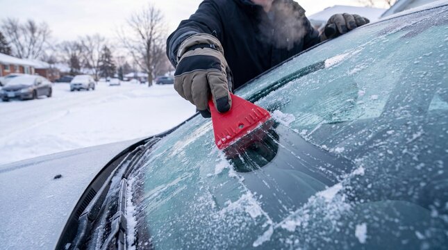 Close-up of a person in winter gloves scraping ice and frost off a car windshield with a red plastic scraper. Driver cleaning a frozen vehicle on a snowy winter morning.