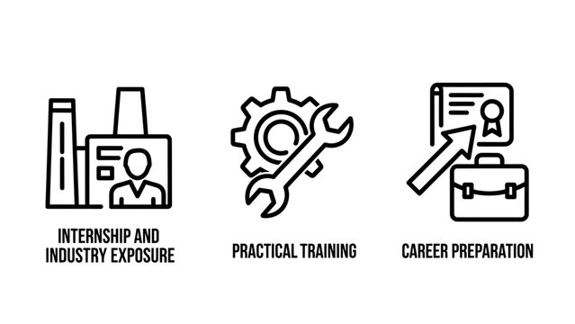 Professional internship and practical industry career training icons with internship industry training preparation practical education certificate briefcase development learning experience