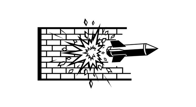 Rocket Missile Breaking Through Brick Wall Explosion Impact.