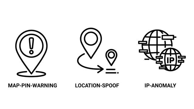 Security icons representing map pin warning location spoofing ip address anomaly detection security location spoofing protection detection tracking internet connection technology