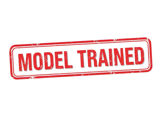 Red grunge rubber stamp impression featuring the text model trained for artificial intelligence machine learning development and software data isolated on a transparent background