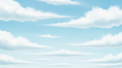 Soft white clouds drifting across a clear light blue sky, horizontal layered cloud formations in a bright atmosphere, digital painting style background © VxGFX