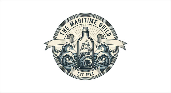 The Maritime Guild logo with ship in bottle and waves.