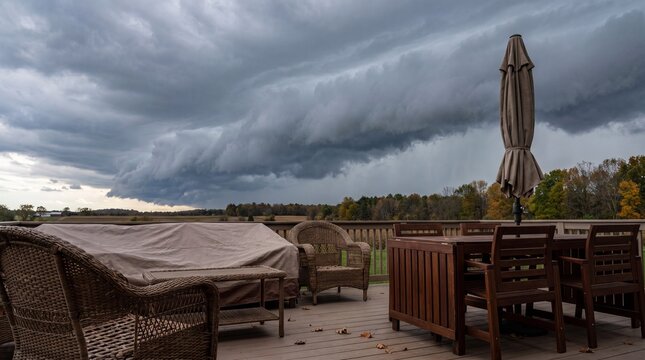 Dramatic shelf cloud and severe storm approaching an outdoor wooden deck with patio furniture. Dark ominous thunderstorm clouds over a rural landscape in autumn.
