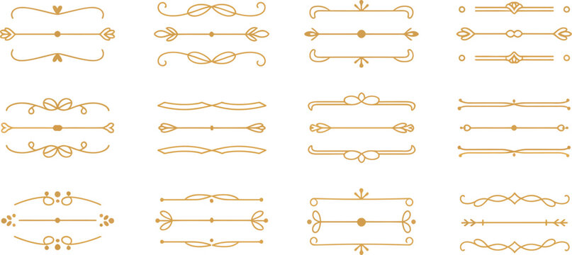 Golden decorative, lines set, elegant text dividers and ornamental gold borders for luxury frames, separators and underline design elements.