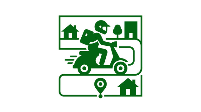 Delivery scooter driver icon with houses and map pin, green vector illustration