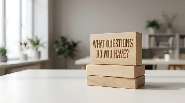 Wooden blocks with engraved text 'What questions do you have?'