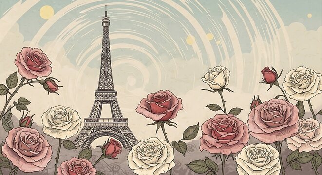 Nostalgic scene of the eiffel tower behind pink and cream roses