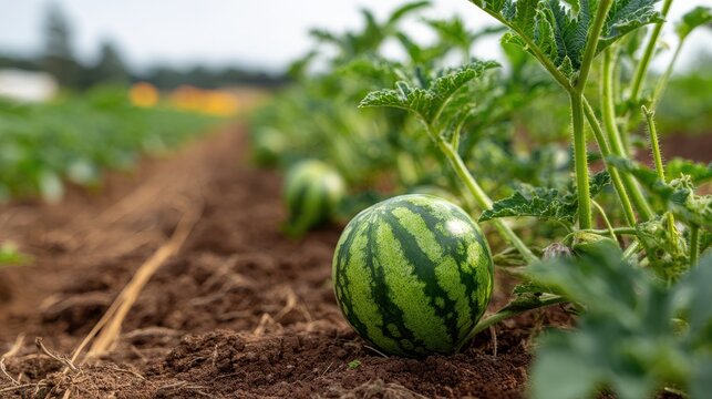 Close-up of a small green watermelon forming on a garden vine