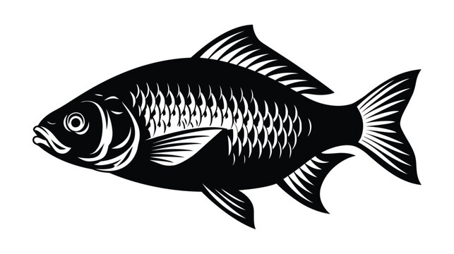 Fish icon illustration in black and white with detailed scales and fins