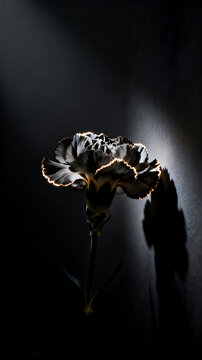 Single Black Carnation Flower with Gold Edges in Dramatic Light Ray, Moody Chiaroscuro Floral Photography on Dark Background, Concept of Rare Beauty and Mourning, 4k