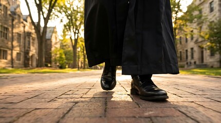 Fototapeta premium Close Up of Graduate Feet Walking Forward on Sunlit Pathway