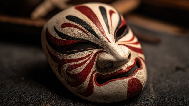 Cultural Japanese theater mask: dramatic white base and stylized red and black patterns