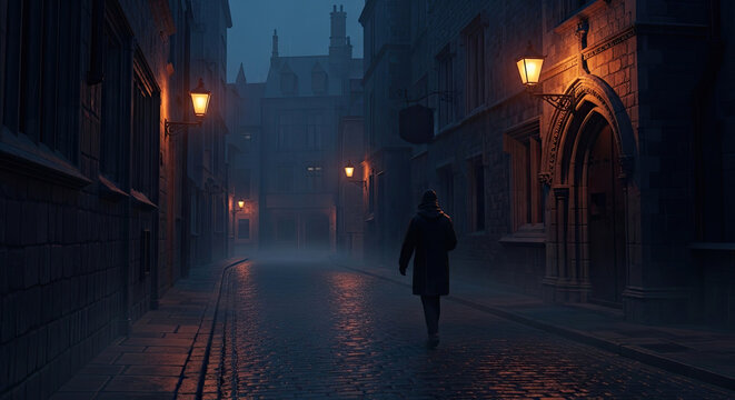 Dark narrow street at night with stone old buildings.